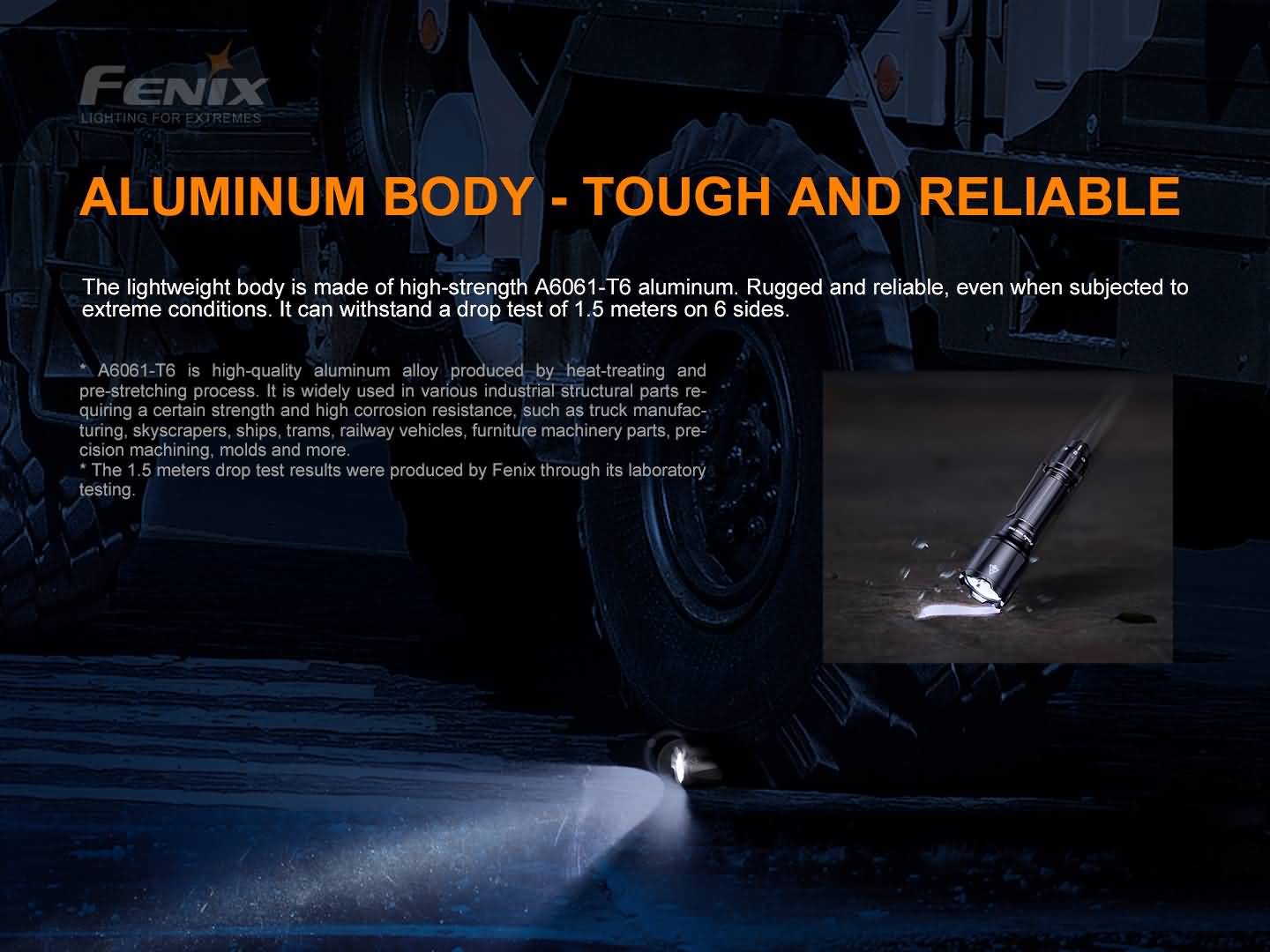 Fenix TK22 TAC z hliníka A6061-T6 znesie pád z 1,5 metra na všetkých šiestich stranách v laboratórnom teste Fenix