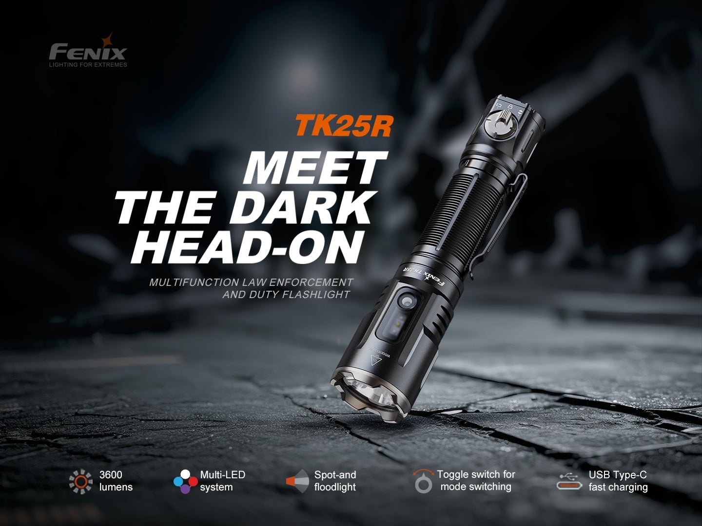 Fenix TK25R služobná baterka 3600 lúmenov s hlavným a bočným svetlom, otočným prepínačom a nabíjaním USB-C