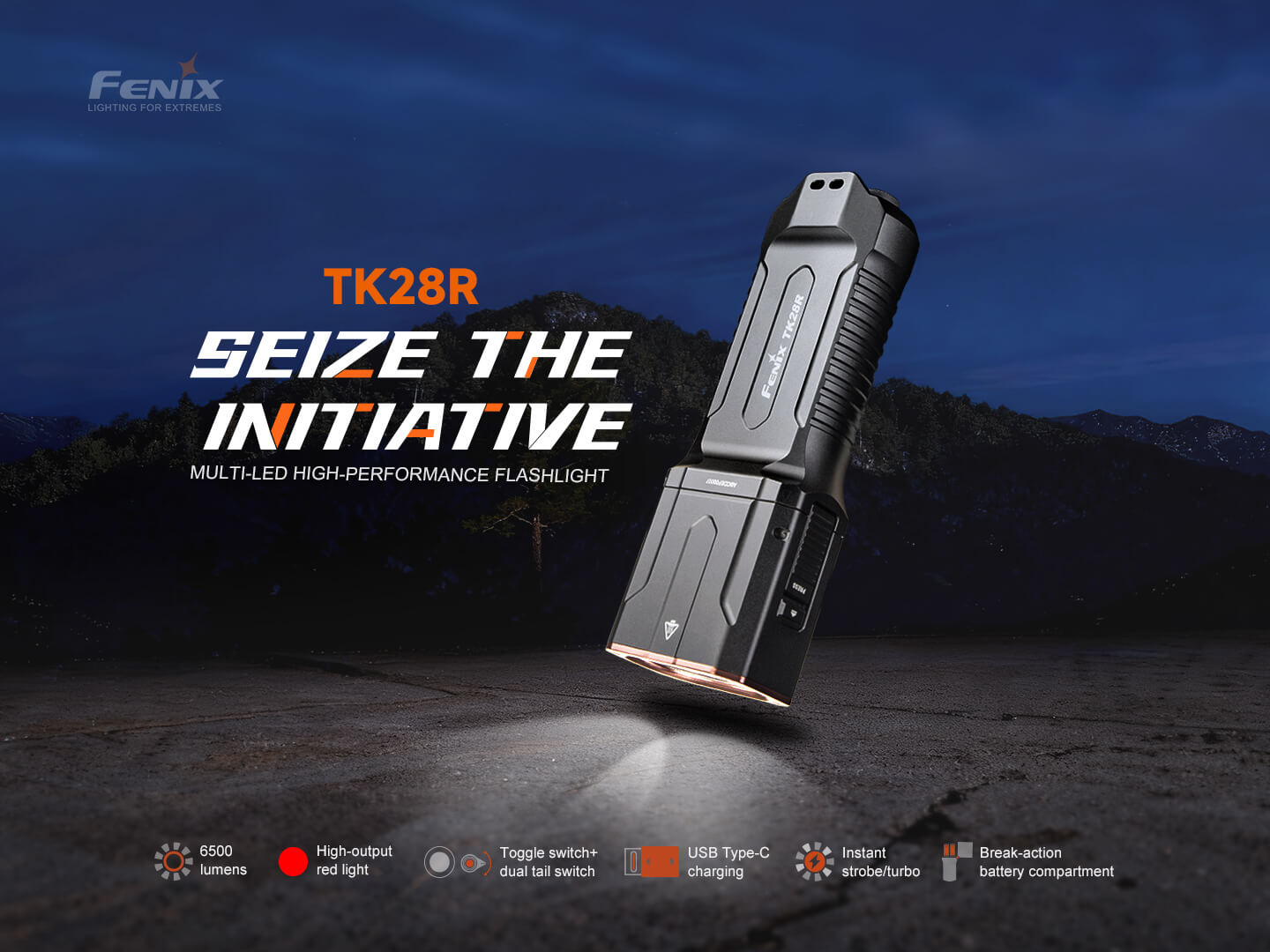 Fenix TK28R výkonná plochá baterka 6500 lúmenov s bielym a červeným svetlom, prepínačom a nabíjaním USB-C