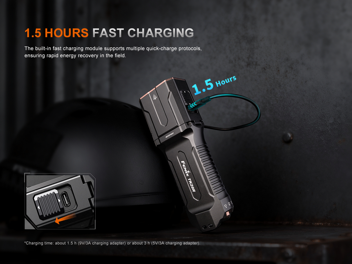 Fenix TK28R rýchle nabíjanie USB-C za 1,5 hodiny, port na boku hlavy pod posuvným krytom