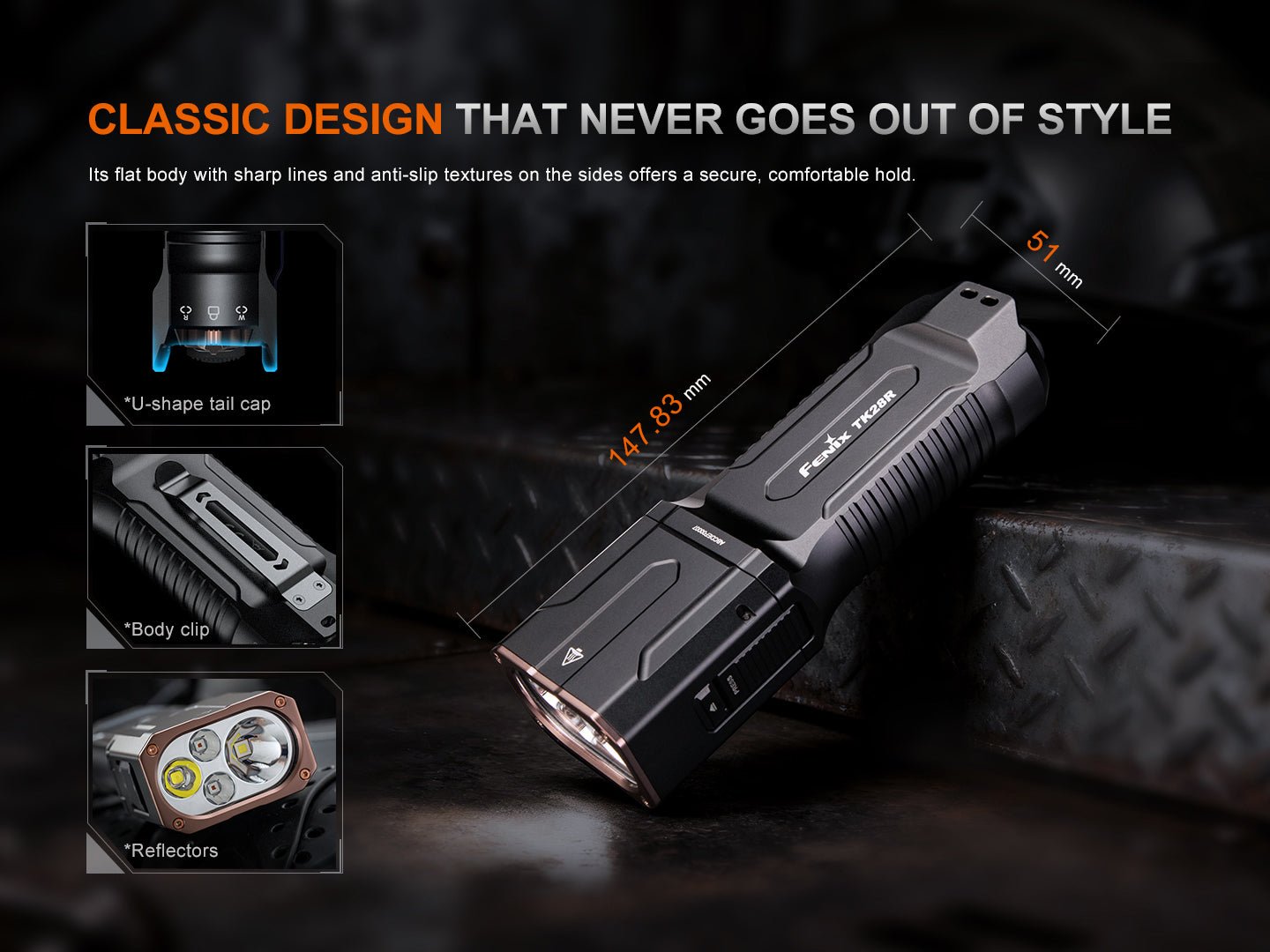 Fenix TK28R ploché telo s protišmykovou textúrou, chvost v tvare U, spona a dĺžka 147,83 mm