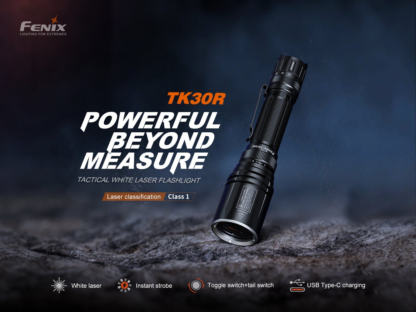 Fenix TK30R taktická baterka s bielym laserom triedy 1 a dosvitom 1500 metrov, čierne hliníkové telo