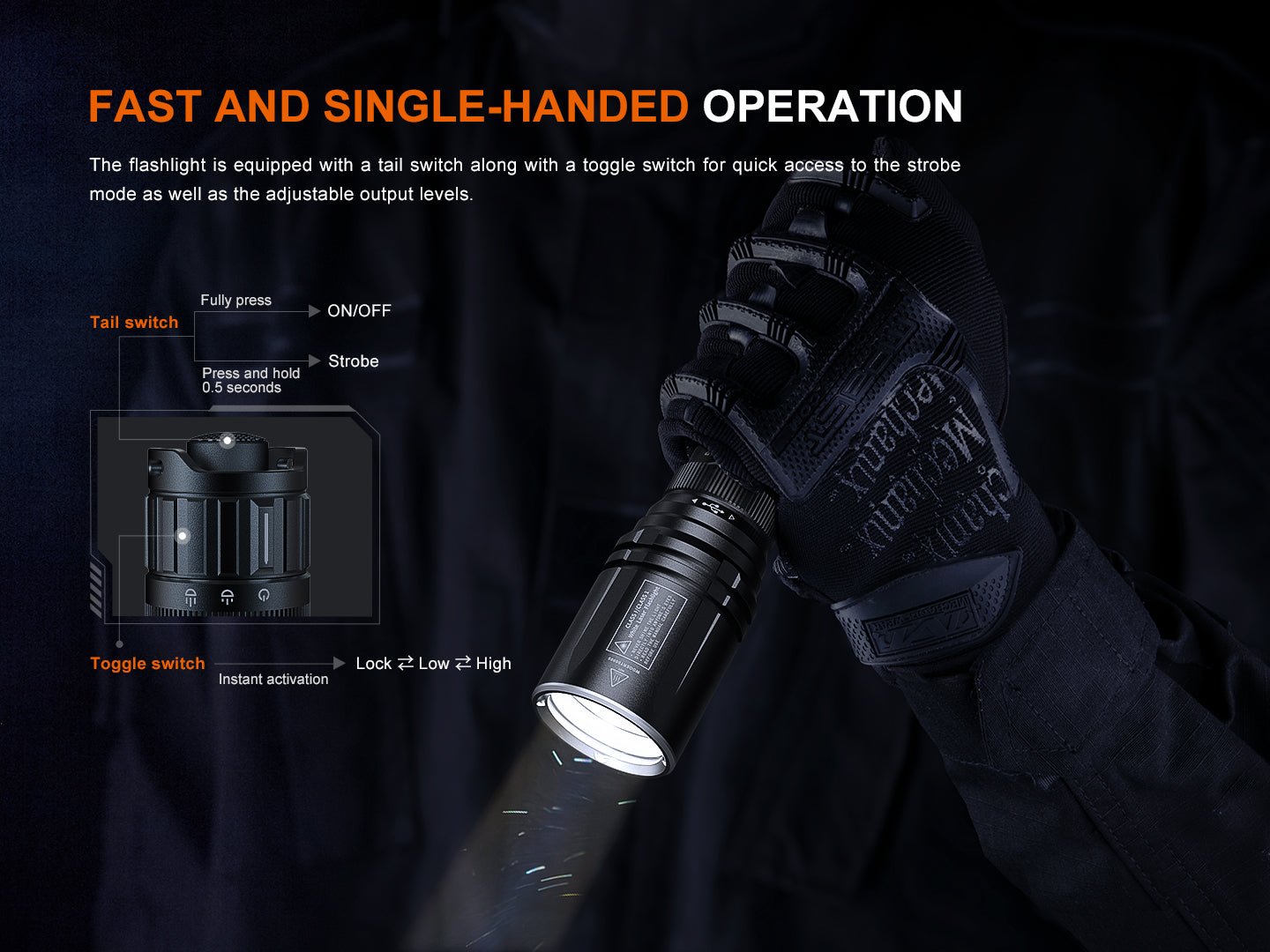 Fenix TK30R ovládanie na chvoste, pätový spínač pre okamžité svetlo a stroboskop, prepínač Lock, Low a High