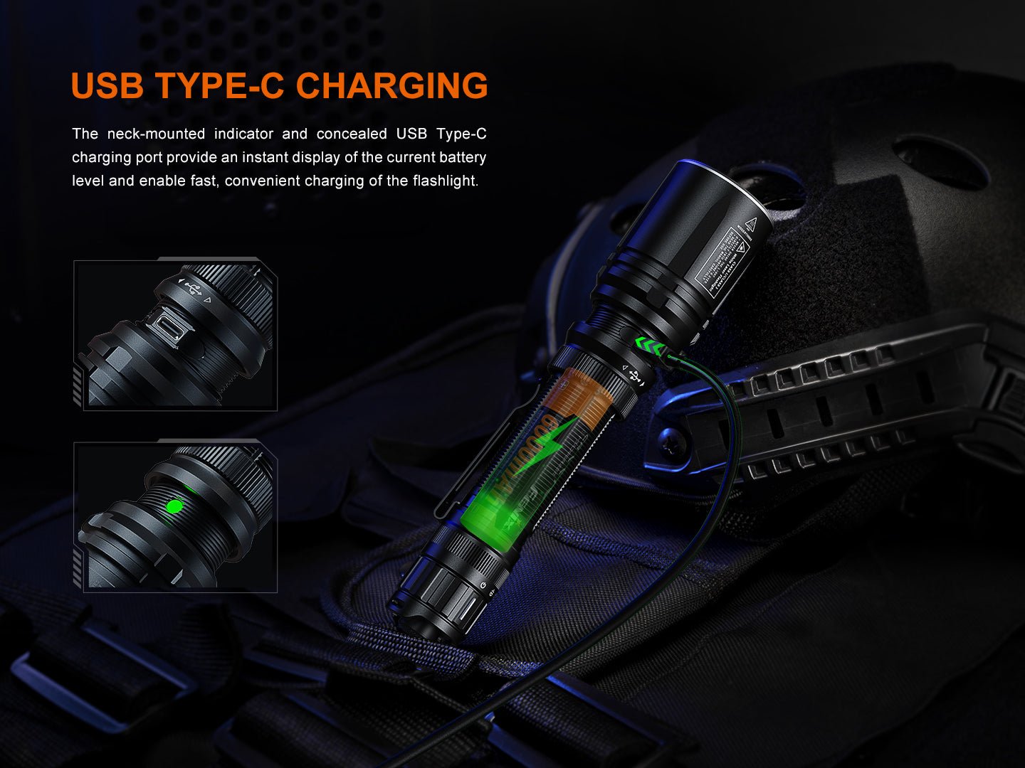 Fenix TK30R nabíjanie káblom USB-C cez skrytý port v krku baterky s indikátorom stavu akumulátora