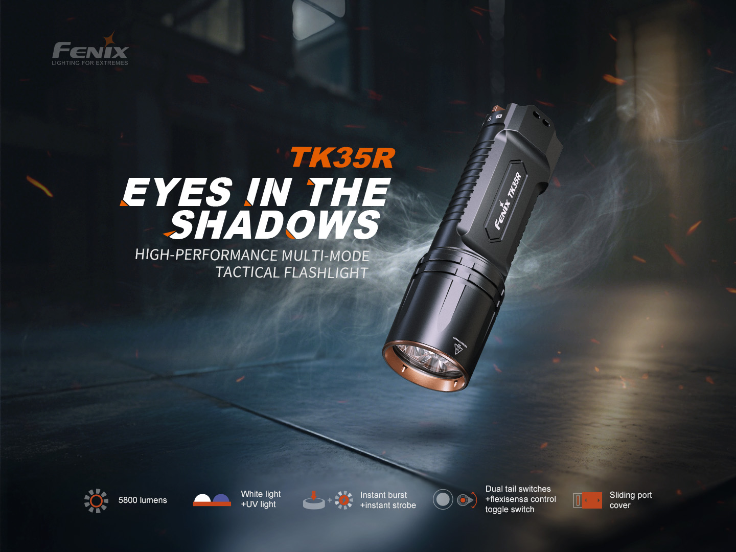 Fenix TK35R taktická baterka 5800 lúmenov s bielym aj UV svetlom, dvoma spínačmi na chvoste a voličom FlexiSensa