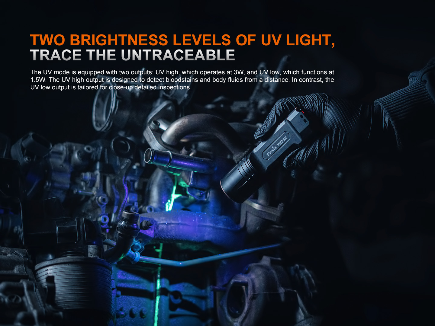 Fenix TK35R UV svetlo 365 nm s dvoma stupňami, UV High 3 W na stopy z diaľky a UV Low 1,5 W na kontrolu zblízka