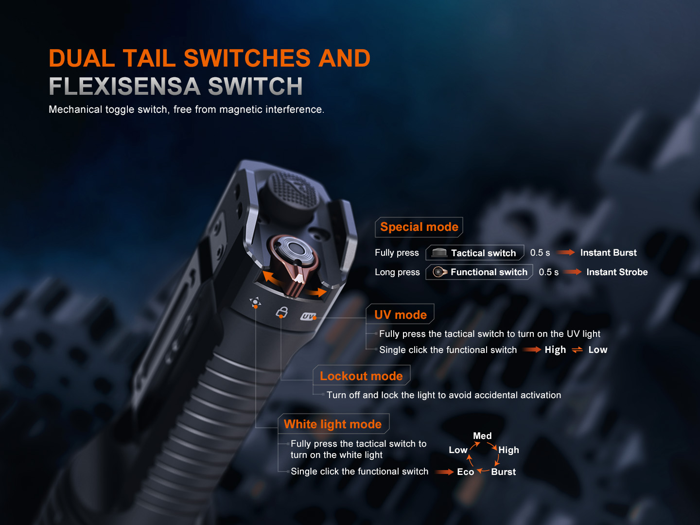 Fenix TK35R chvost s voličom FlexiSensa pre biele svetlo, zámok a UV a s dvoma spínačmi pre stupne, Burst a stroboskop