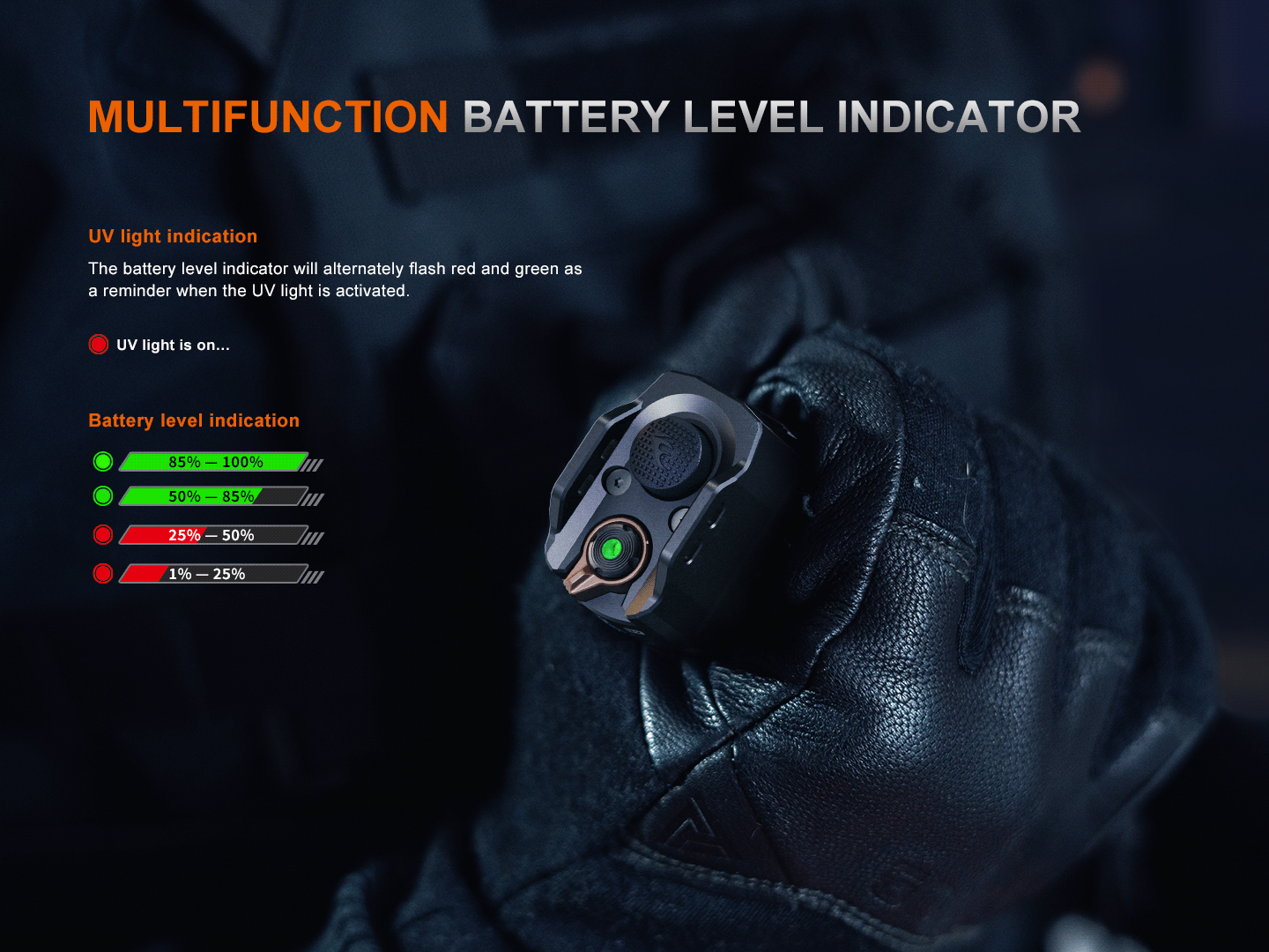 Fenix TK35R indikátor vo funkčnom spínači, pri UV striedavo bliká červeno a zeleno a ukazuje štyri stavy batérie