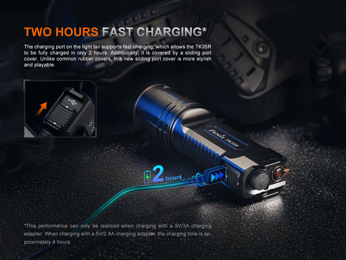 Fenix TK35R nabíjanie cez USB-C na chvoste pod posuvným krytom, za 2 hodiny s adaptérom 9 V/3 A