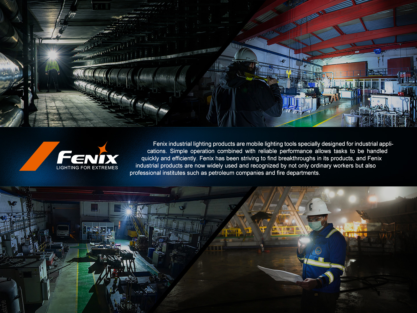 Fenix WF30RE 2025 a priemyselné svetlá Fenix v tuneli s potrubím, vo výrobnej hale a na nočnom stavenisku