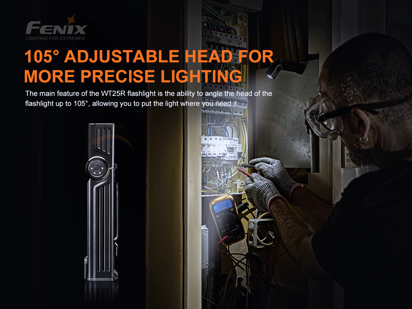 Fenix WT25R s hlavou naklopenou o 105° svieti elektrikárovi do rozvádzača pri meraní multimetrom