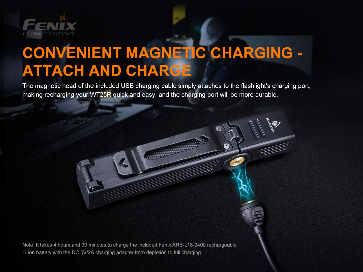 Fenix WT25R magnetické nabíjanie, koncovka USB kábla sa sama prichytí k pozlátenému portu pri hlave