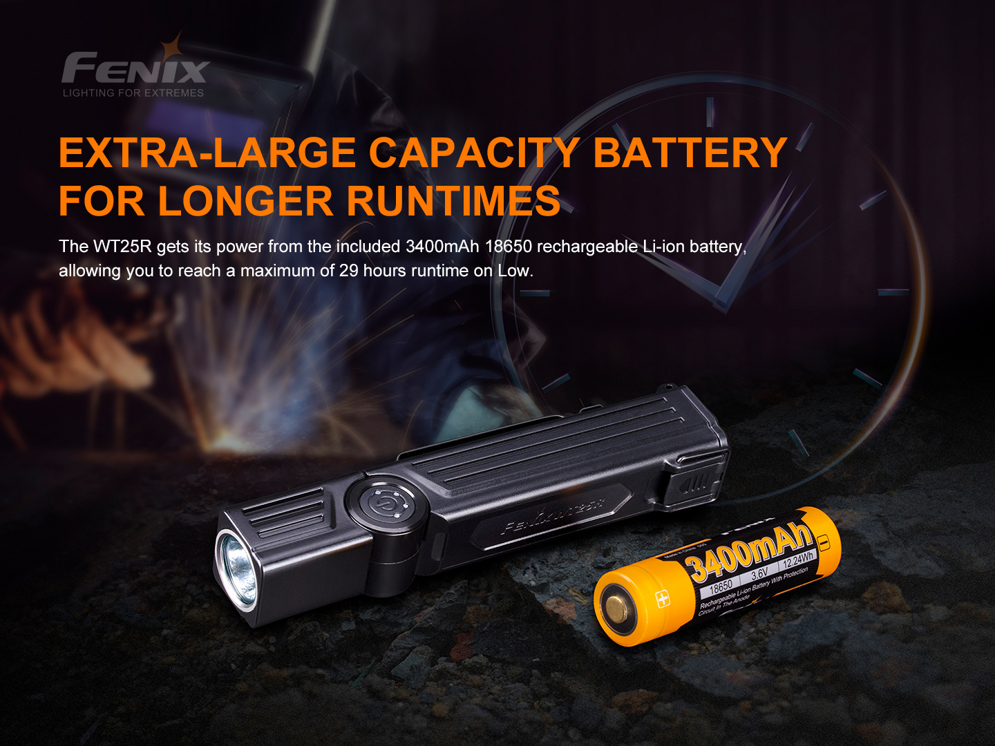 Fenix WT25R s pribaleným akumulátorom ARB-L18-3400 typu 18650 s kapacitou 3400 mAh, výdrž až 29 hodín