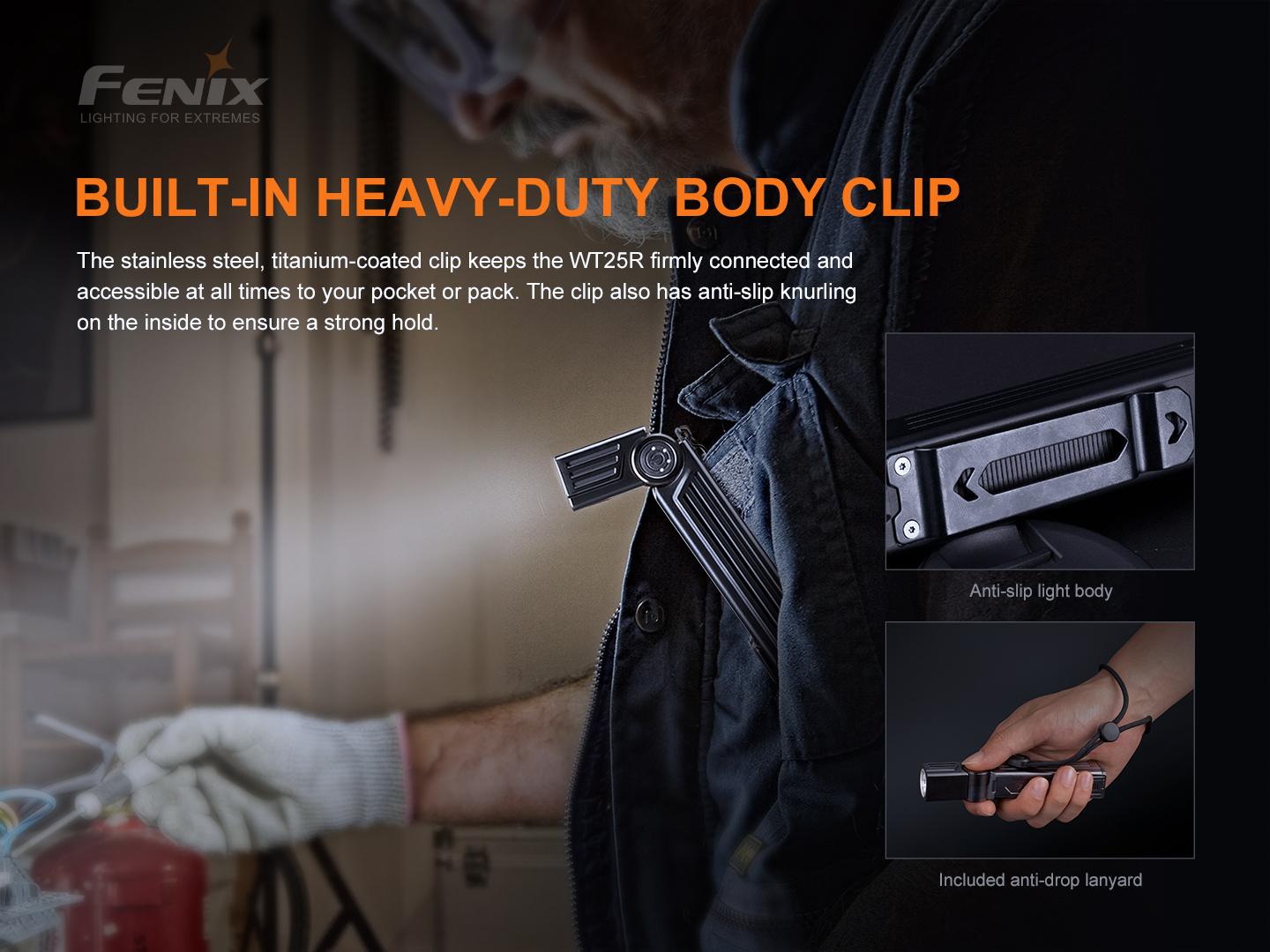 Fenix WT25R pripnuté nerezovou sponou s titánovým povlakom na vrecku pracovnej bundy, so šnúrkou proti pádu