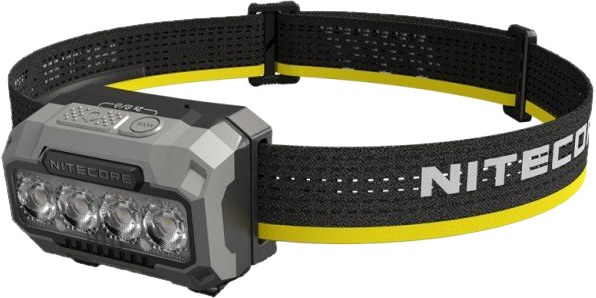 Nitecore HA23 UHE ľahká MCT čelovka na AAA batérie — štyri dvojjadrové UHE LED, čierno-žltá reflexná čelenka