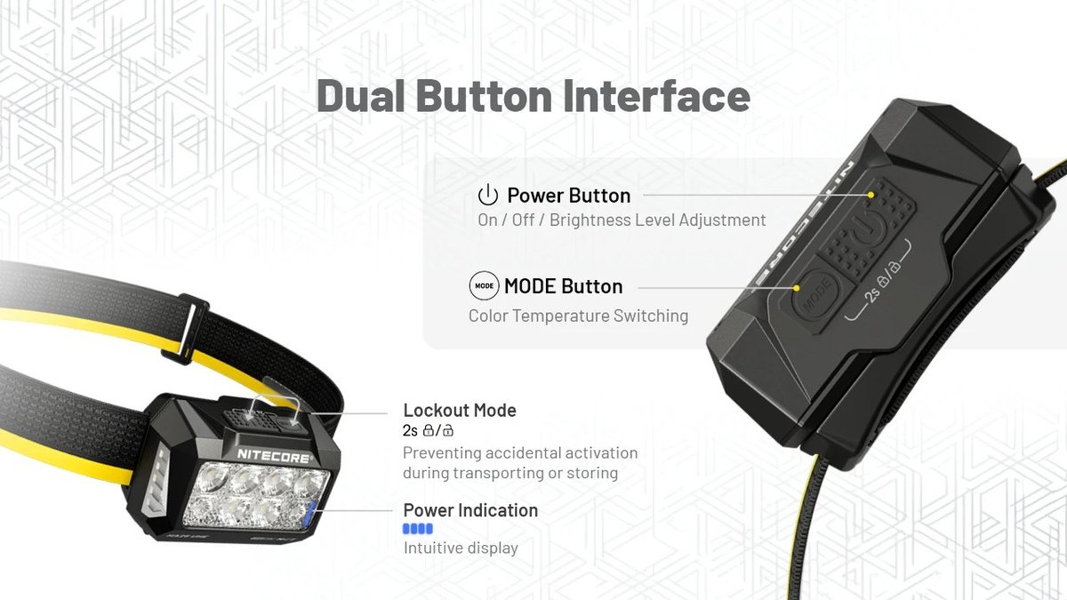 Nitecore HA25 UHE dve tlačidlá — Power na jas, MODE na teplotu svetla, zámok Lockout a indikátor batérie