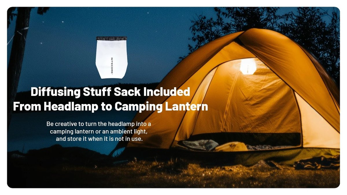 Nitecore HA25 UHE s difúznym vakom ako kempingový lampáš — ambientné svetlo do stanu
