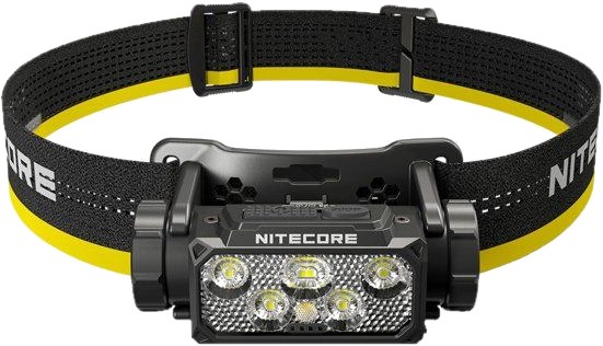 Nitecore HC60 UHE outdoorová čelovka — šesť NiteLab UHE LED v matrixe, čierno-žltá reflexná čelenka