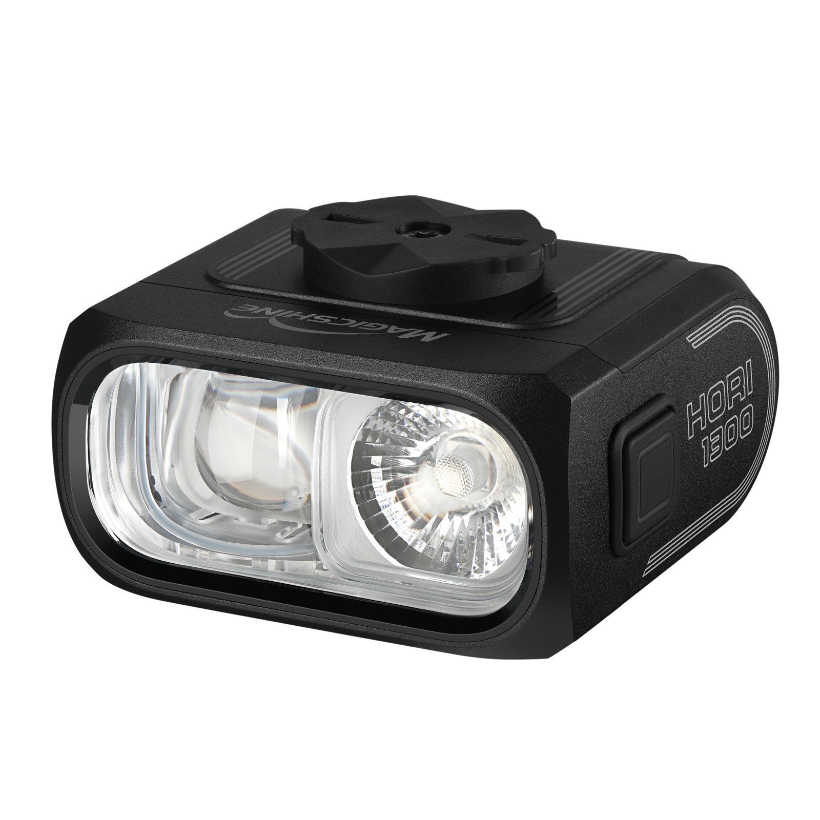 Cyklosvetlo Magicshine HORI 1300 v pohľade 3/4 s nasadenou spodnou základňou pre Garmin držiak