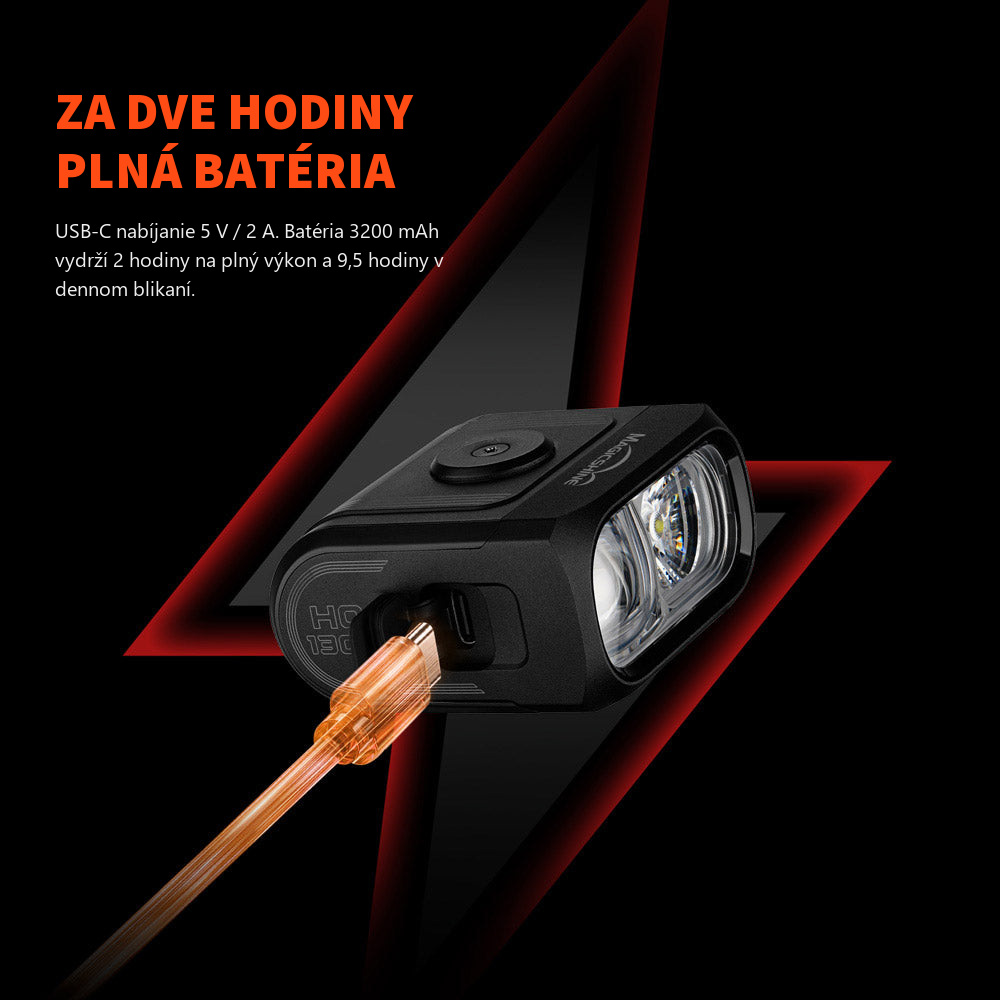 Magicshine HORI 1300 PRO s pripojeným nabíjacím káblom USB-C