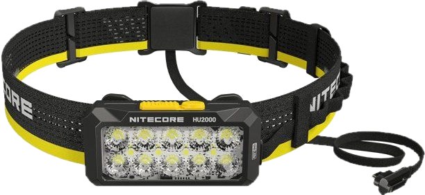 Nitecore HU2000 split-type pracovná čelovka — desať UHE LED, čierno-žltá reflexná čelenka s USB-C káblom