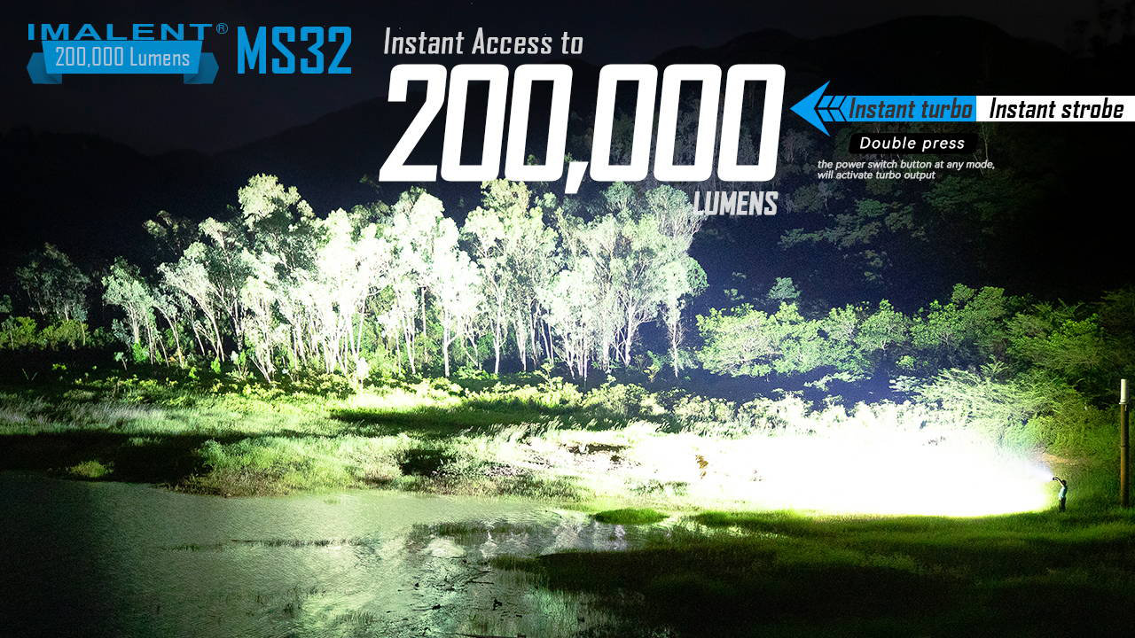 Imalent MS32W – okamžitý prístup k 200 000 lumenom dvojklikom, mohutný lúč nad krajinou