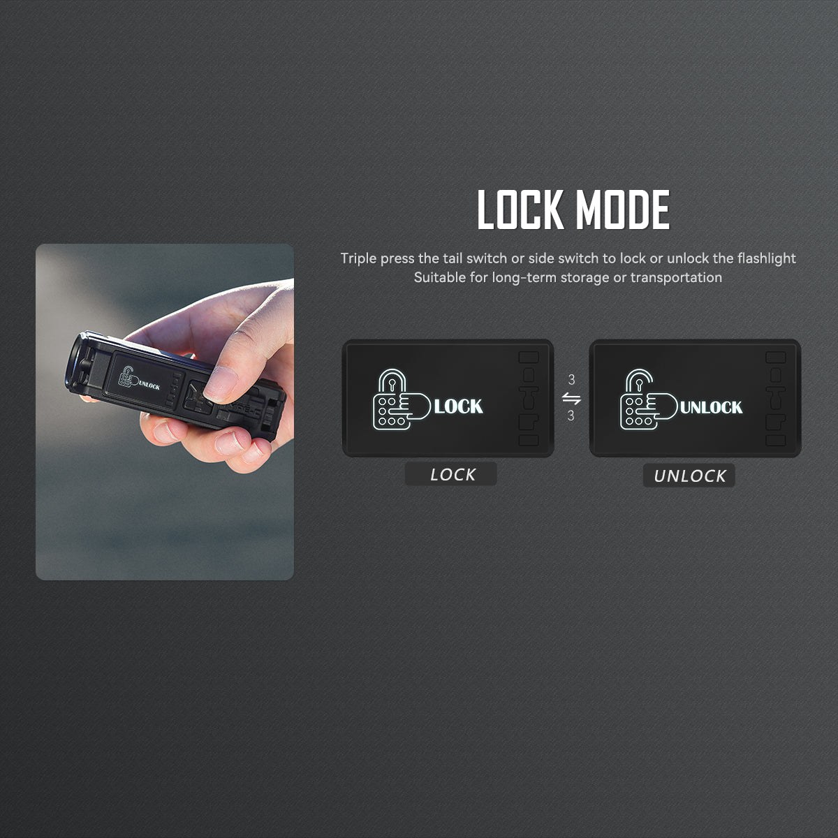 Imalent BL50 zámok proti náhodnému zapnutiu, lock mode