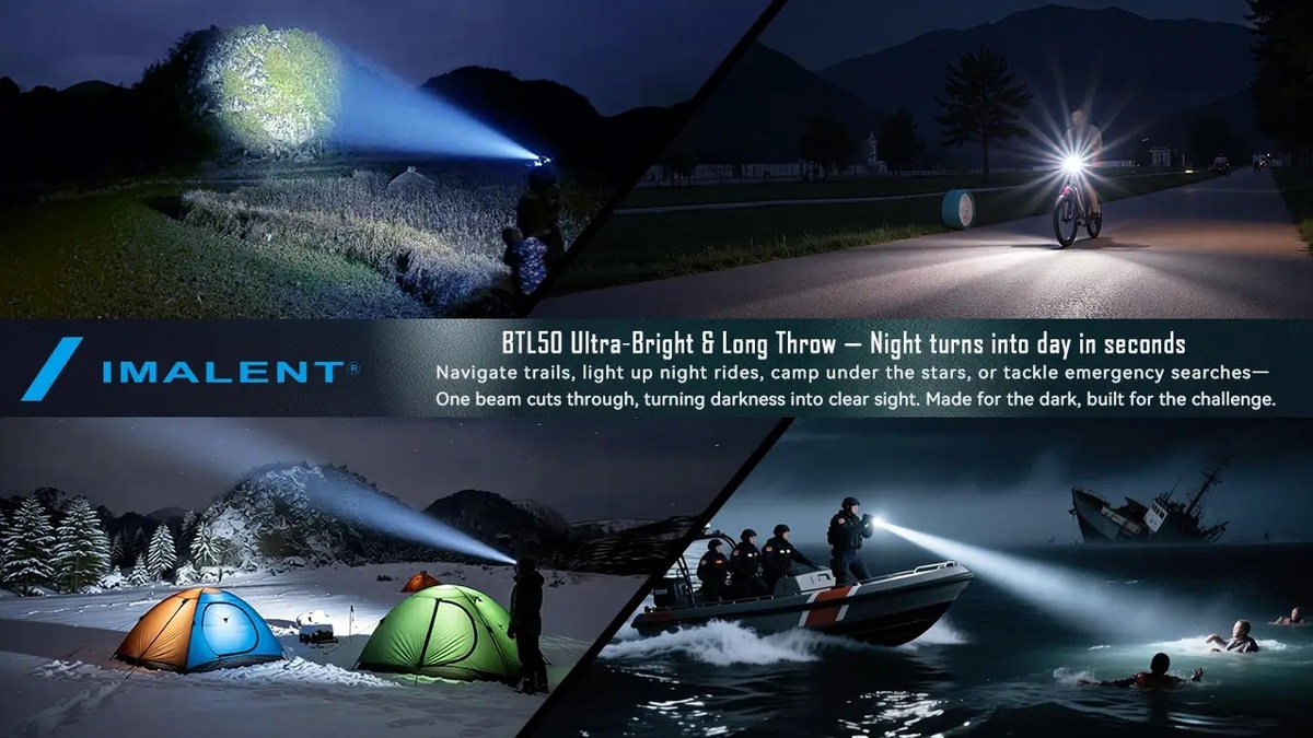 Imalent BTL50 v štyroch situáciách — nočný chodník, jazda na bicykli, camping a hľadanie z člna