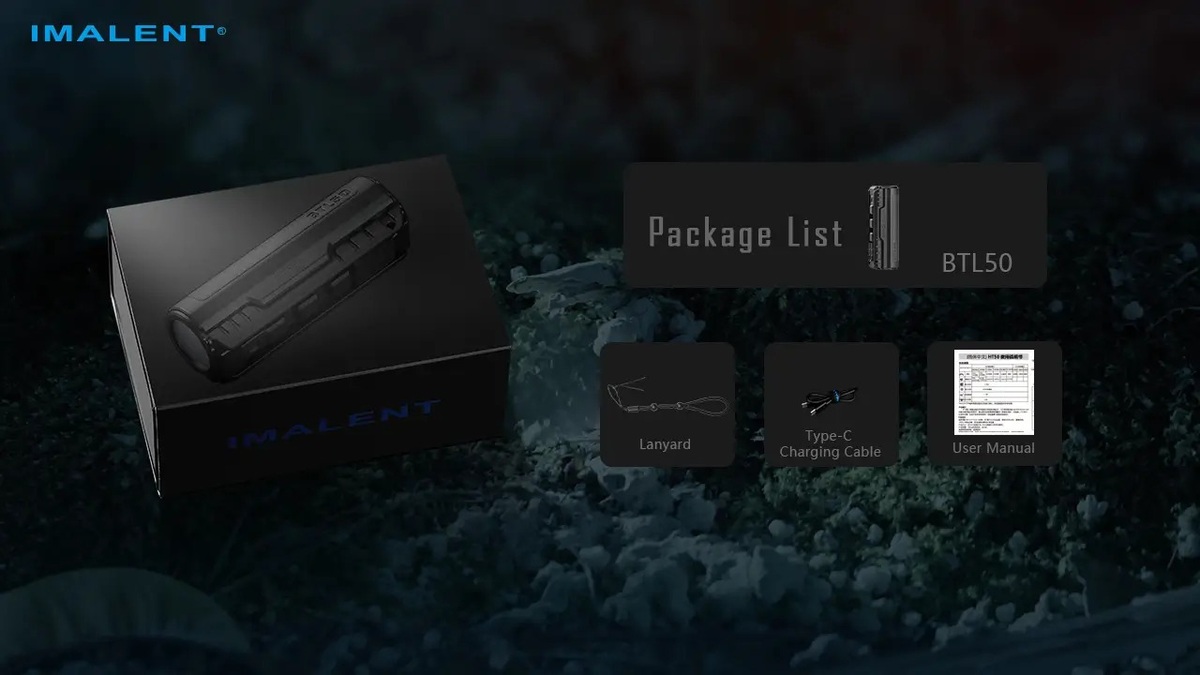 Obsah balenia Imalent BTL50 — svietidlo, šnúrka na zápästie, nabíjací kábel USB-C a návod