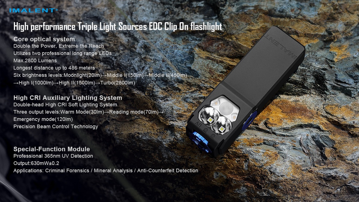 Imalent GR36 — optický systém: dve LED pre dosvit, teplé svetlo High CRI a UV modul 365 nm