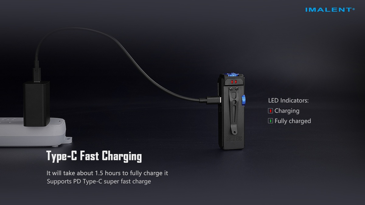 Imalent GR36 sa nabíja cez USB-C, indikátor svieti červeno počas nabíjania a zeleno po nabití