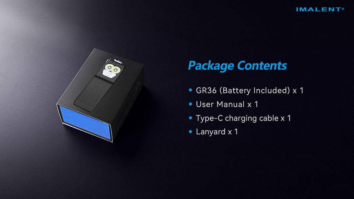 Imalent GR36 obsah balenia — svietidlo s batériou, návod, kábel USB-C a šnúrka