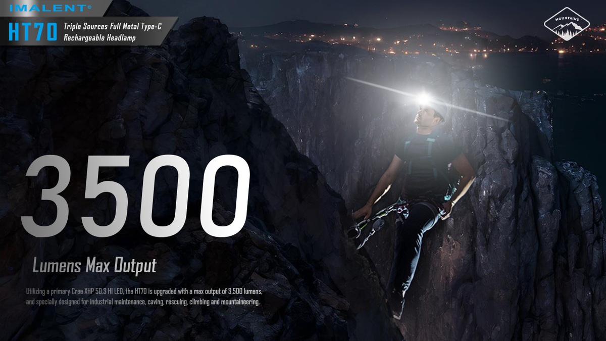 Imalent HT70 svieti lezcovi v skalnej stene — maximum 3 500 lúmenov z LED Cree XHP50.3 HI