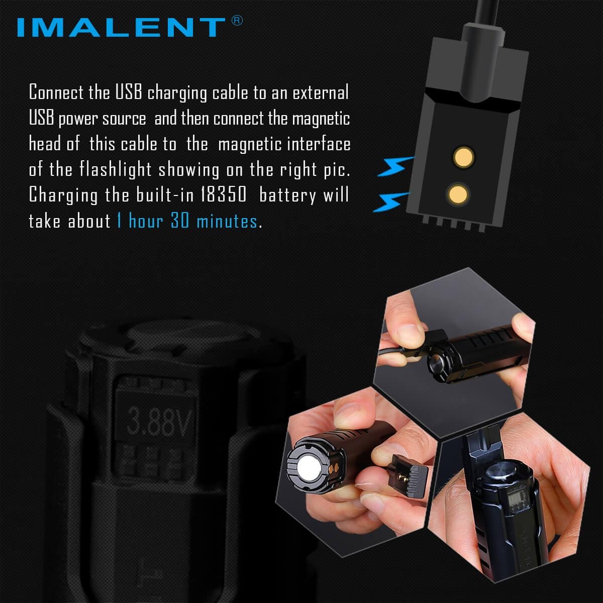 Magnetické USB nabíjanie baterky Imalent LD70 — plné nabitie za približne hodinu a pol
