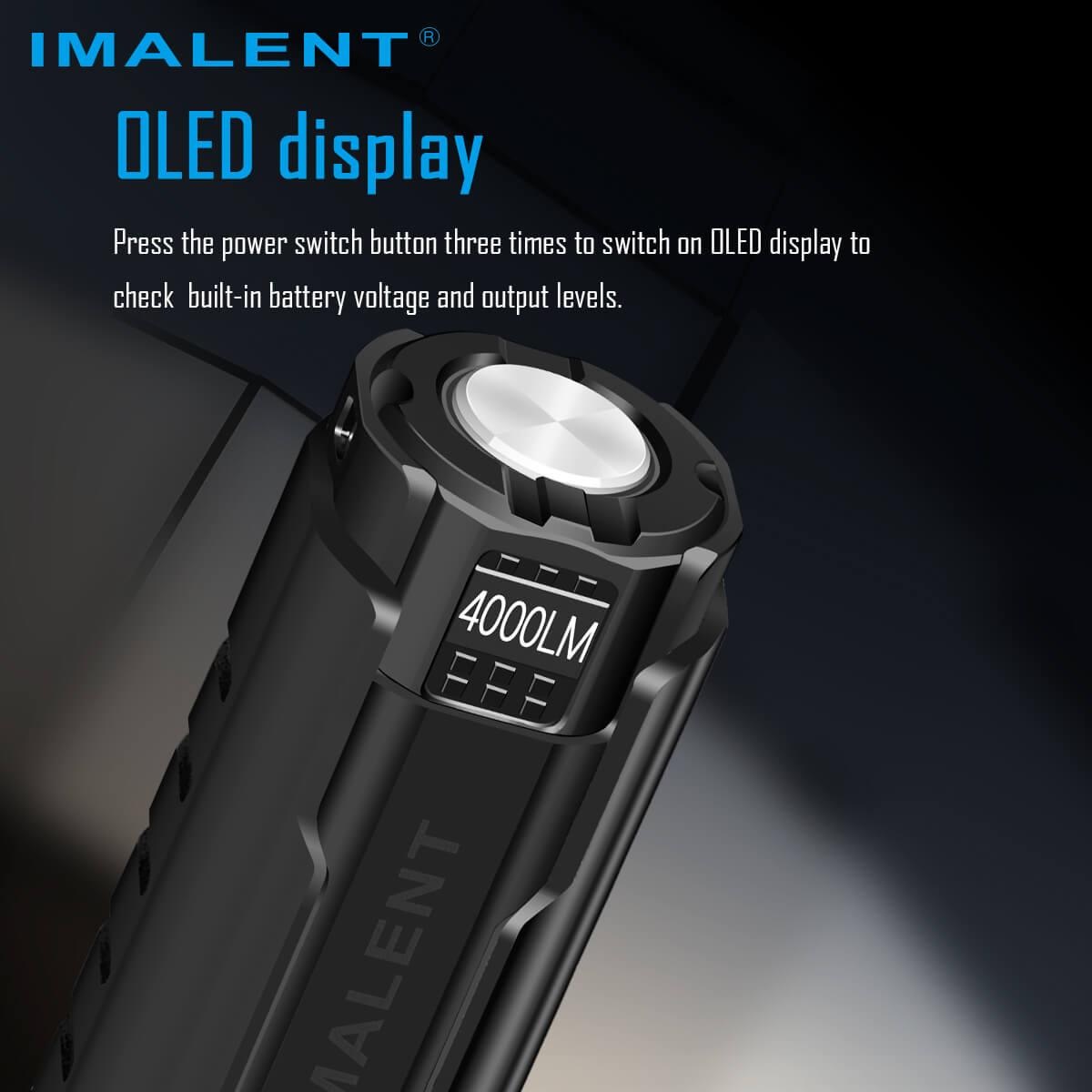 OLED displej baterky Imalent LD70 zobrazuje napätie akumulátora aj zvolenú úroveň výkonu