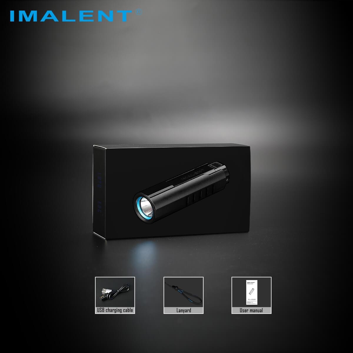Balenie Imalent LD70 — krabica, magnetický USB nabíjací kábel, šnúrka na zápästie a návod na použitie