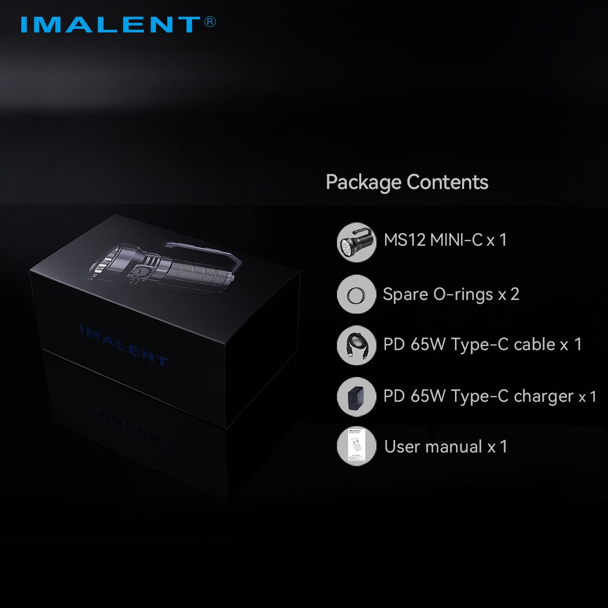 Obsah balenia Imalent MS12 Mini C – svietidlo, nabíjačka a kábel PD 65 W, 2 O-krúžky a návod