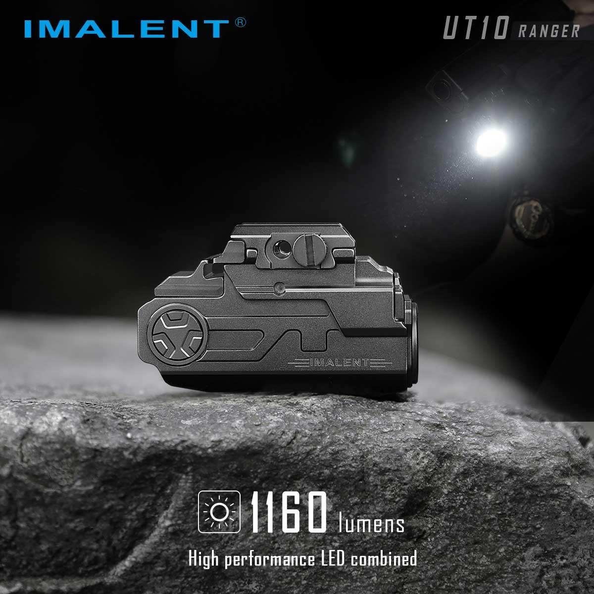 IMALENT UT10 v noci na kameni — bočný pohľad na telo svietidla s maximom 1160 lúmenov