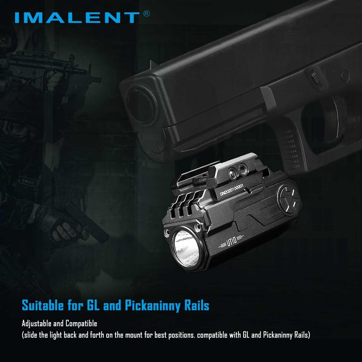 IMALENT UT10 nasadený pod hlavňou pištole — kompatibilita s lištou Picatinny a lištou typu Glock