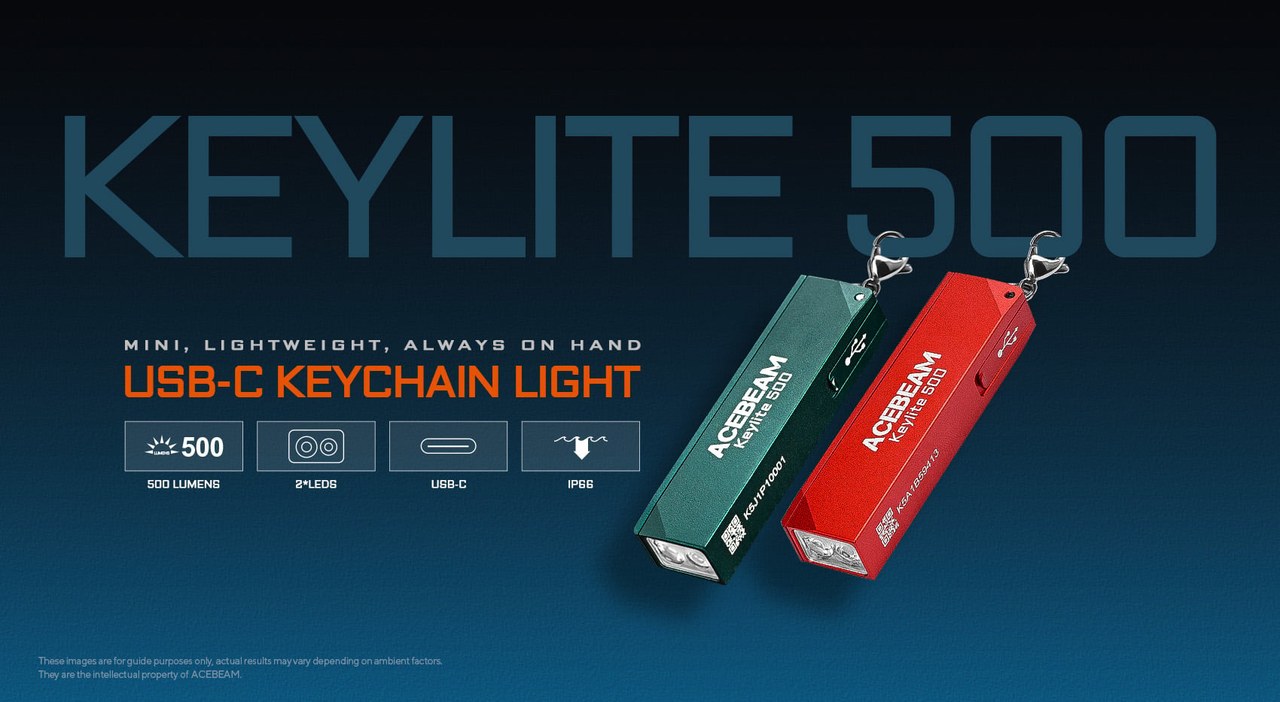Acebeam Keylite 500 USB-C Keychain Light — prehľad kľúčových vlastností: 500 lúmenov, dve LED diódy, USB-C nabíjanie a krytie IP66