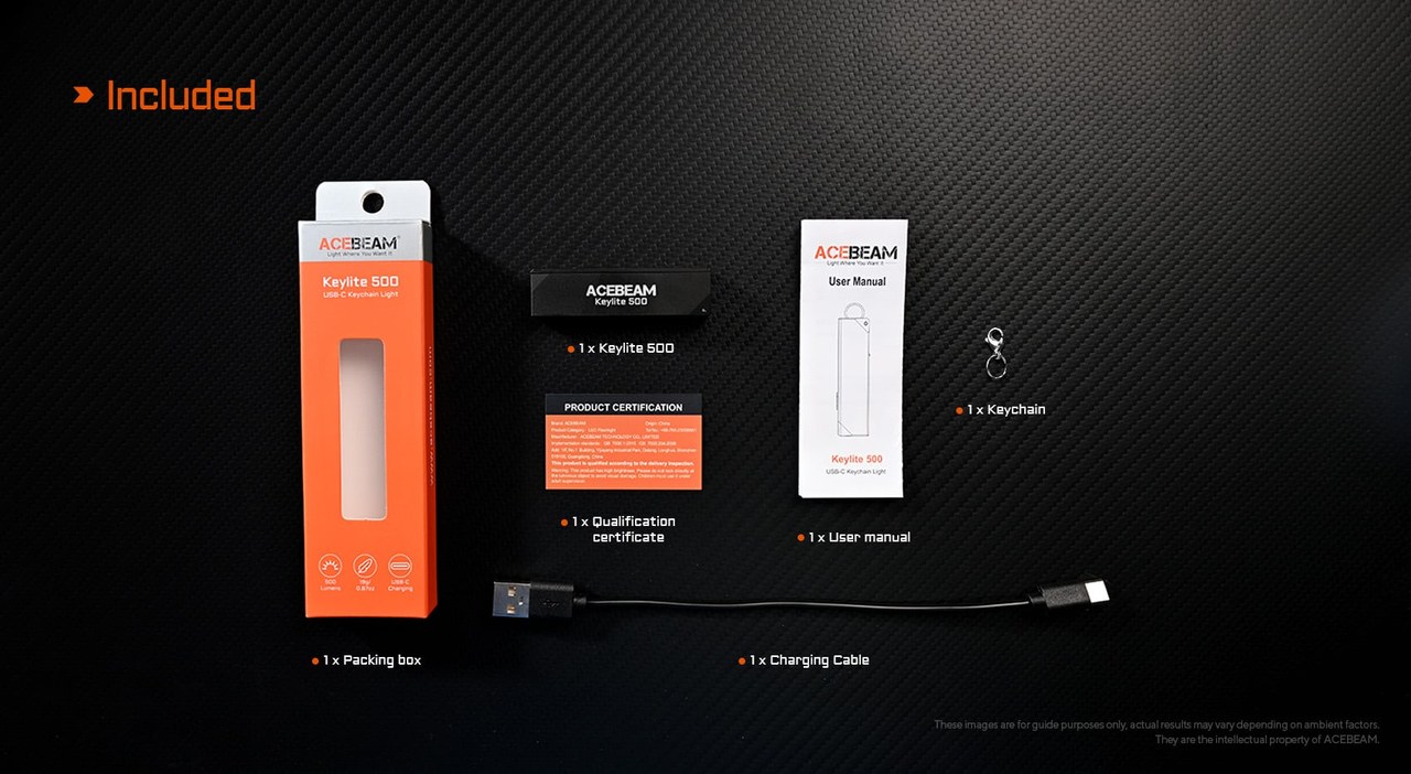 Obsah balenia Acebeam Keylite 500 — kľúčenka, karabínka, nabíjací kábel USB-C, návod a certifikát v darčekovej krabičke