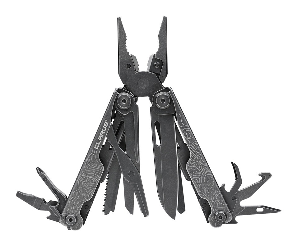 Klarus Horizon MT07 Stonewashed čierny multitool s rozloženými nástrojmi a kamenovaným povrchom rukovätí