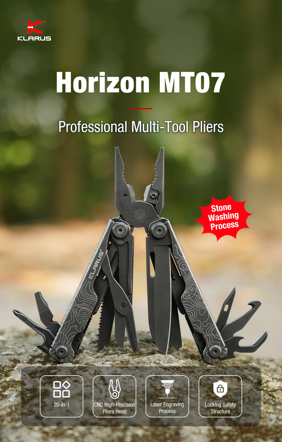 Klarus Horizon MT07 Stonewashed čierny multitool s 20 funkciami – kamenovaný povrch, CNC kliešte a zámky