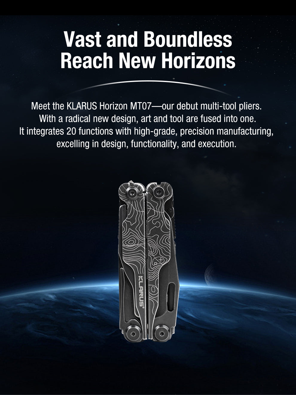 Klarus Horizon MT07 Stonewashed – prvý multitool značky Klarus, zatvorené čierne kliešte s mapou na rukovätiach