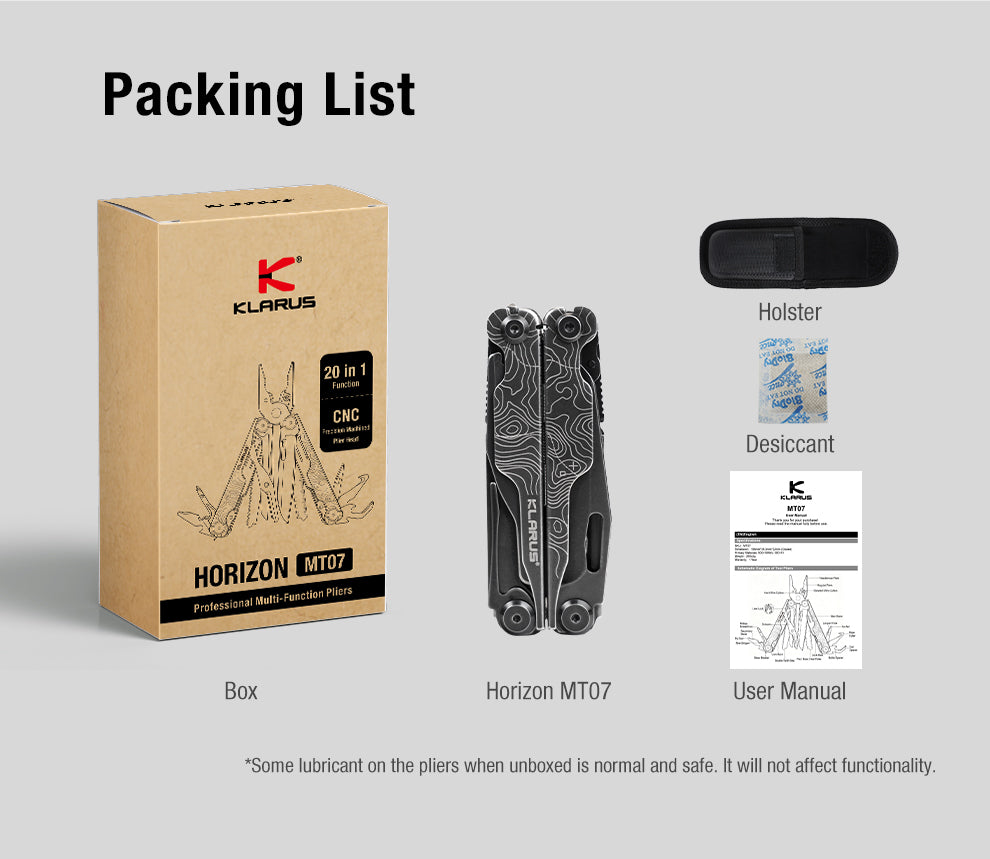Klarus Horizon MT07 Stonewashed obsah balenia – čierny multitool, nylonové puzdro, vysúšadlo a návod
