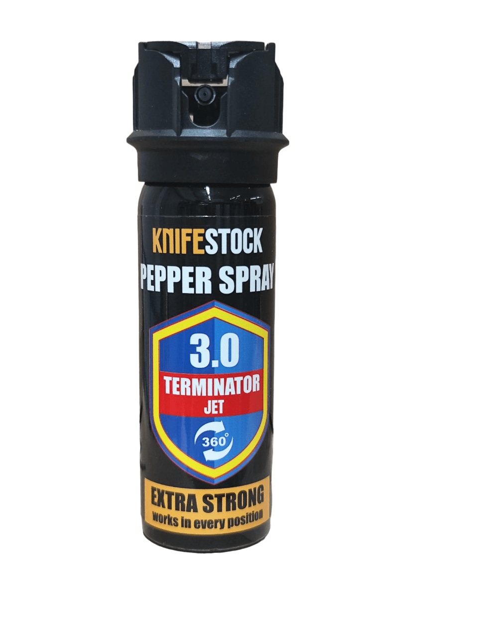 Obranný sprej KNIFESTOCK Terminator 3.0 JET 360° 50 ml – predná strana čiernej plechovky s poistkou