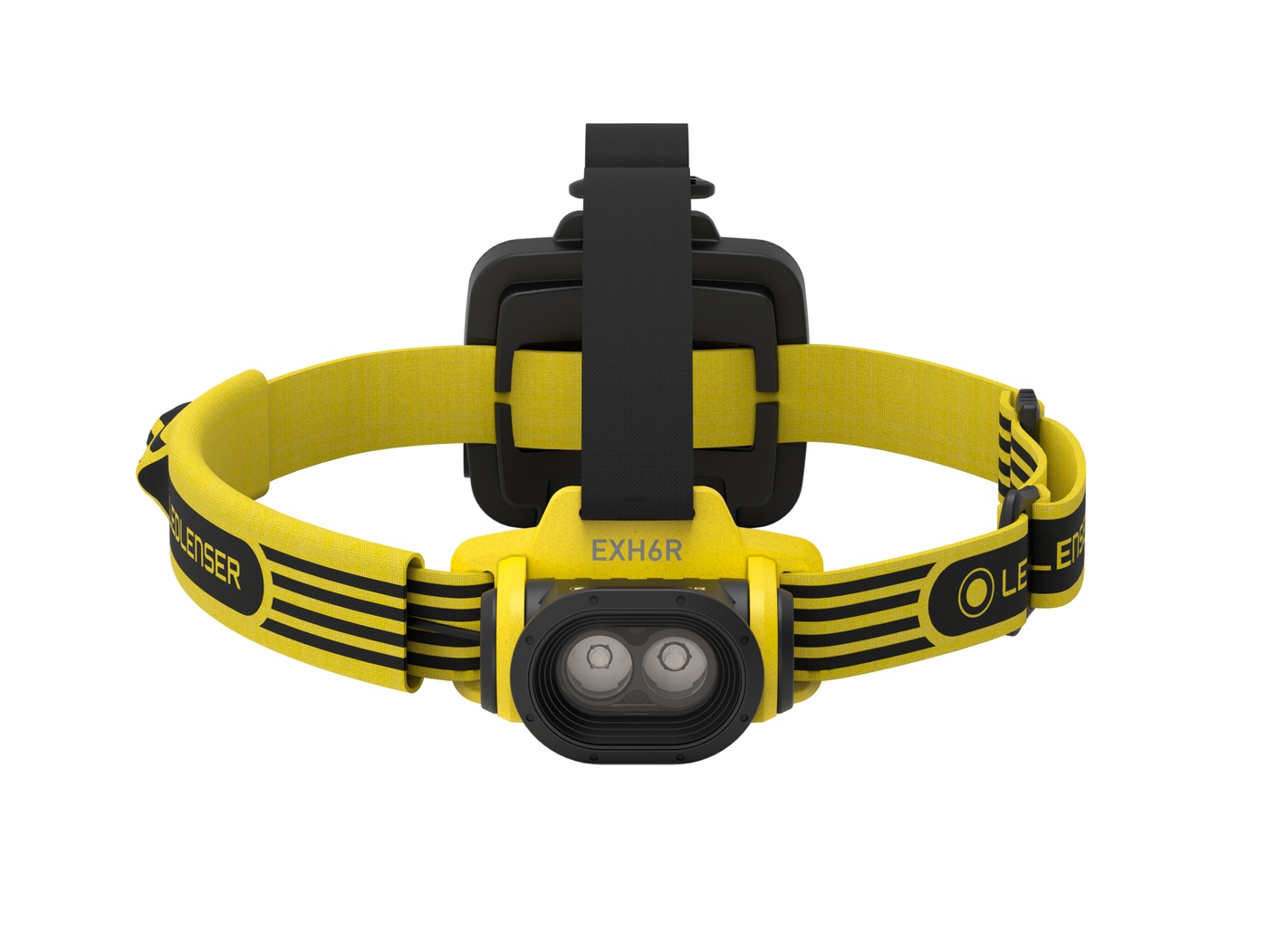 Ledlenser EXH6R spredu — dve samostatné LED v hlave, potlač EXH6R na žltom držiaku, popruh Ledlenser na oboch stranách
