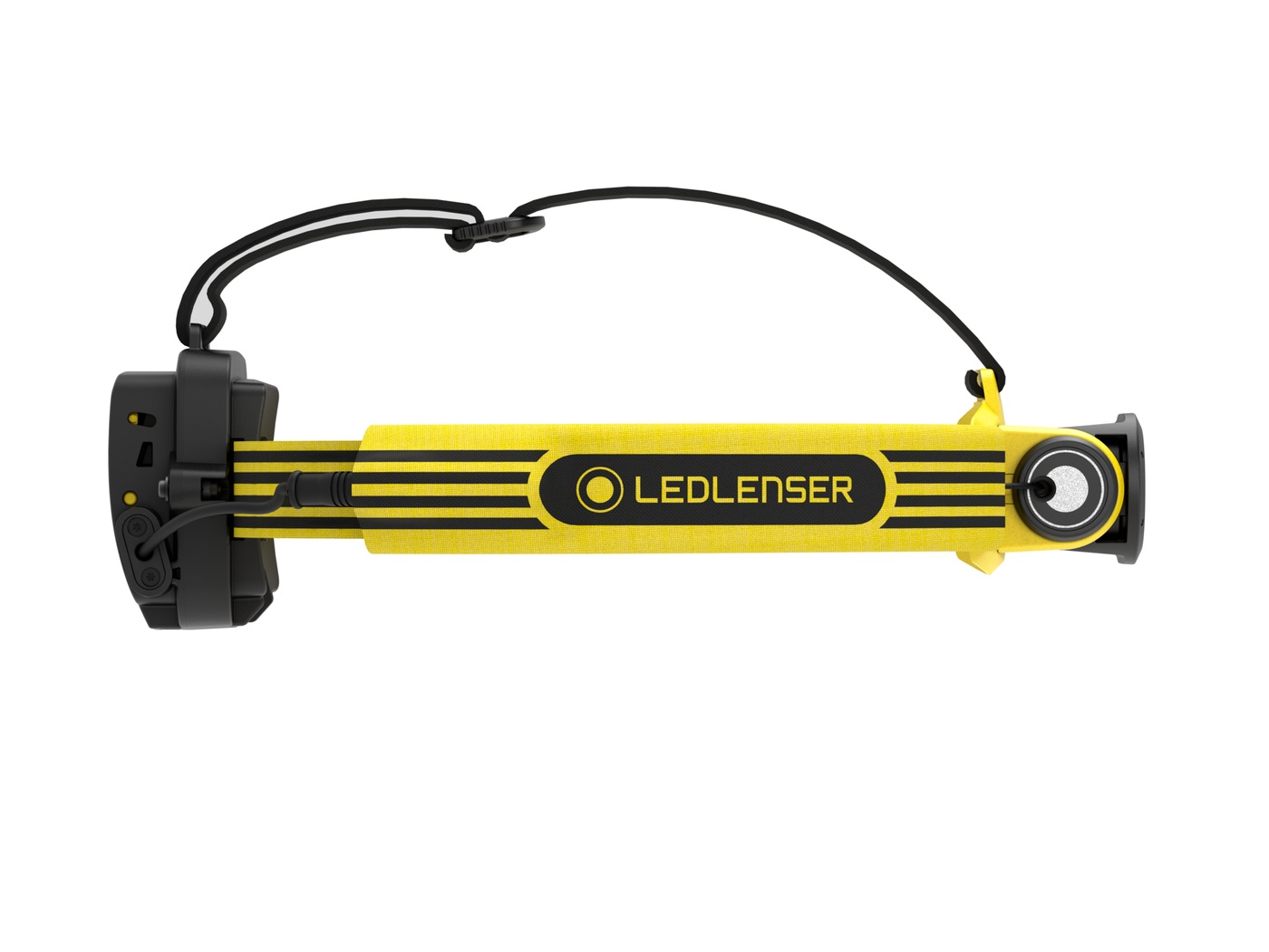 Ledlenser EXH6R zboku — čierny batériový box vzadu, kábel k hlave, okrúhly kĺb naklápacej hlavy a temenná šnúra s prackou