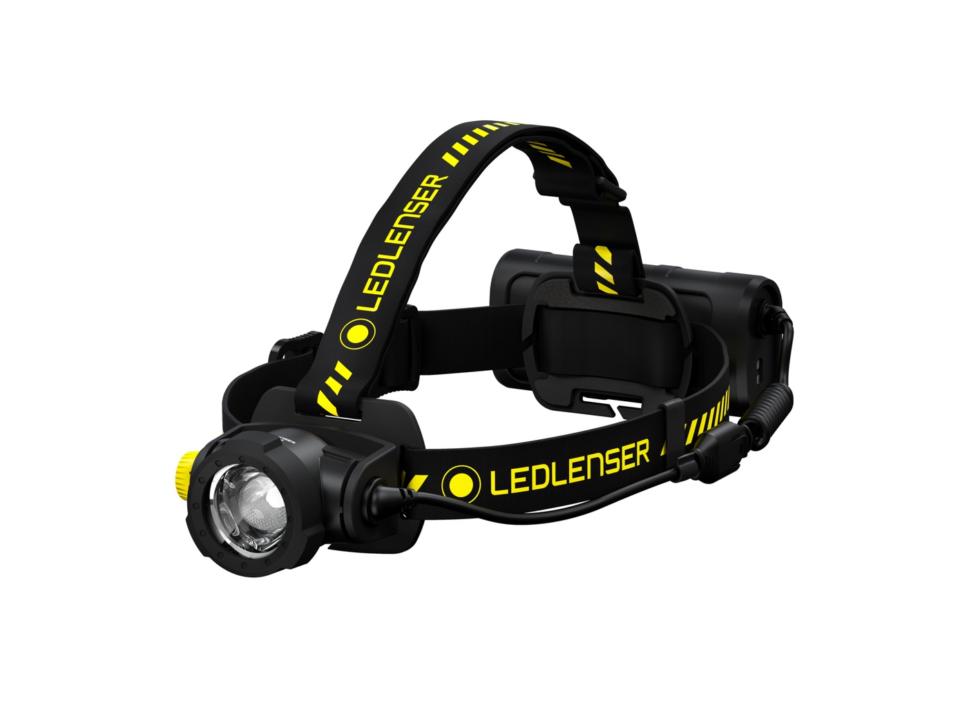 Ledlenser H15R Work čierno-žltá — čelovka šikmo spredu, hlava so žltým prstencom, čierno-žltý popruh a zadný batériový box