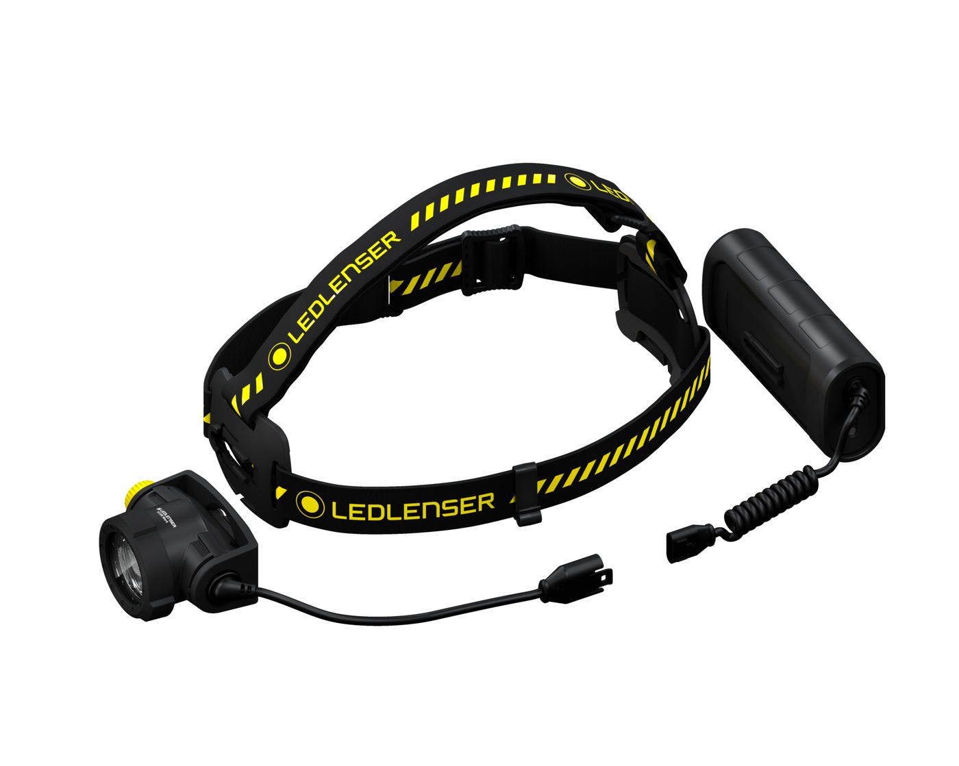 Ledlenser H15R Work rozložená — hlava odpojená z držiaka, kábel s konektorom, batériový box s točeným káblom a popruh